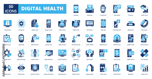 digital health fill icon set. Heartbeat, Health App, Smartwatch, Telemedicine, E Records, Health Cloud, Fitness Band