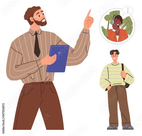 Man using tablet for guidance, pointing and explaining with virtual interaction context. Young adult attentive to mentor. Ideal for mentoring, education, teamwork, communication, online learning