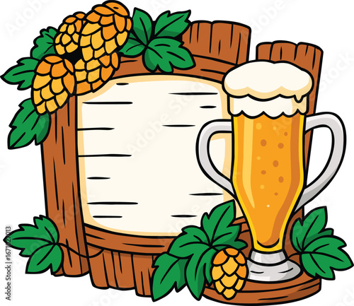 Beer festival banner with wooden board, hops, leaves, and frothy beer glass. Perfect for Oktoberfest, pub menu, brewery promotion, and festive alcohol celebration themes.