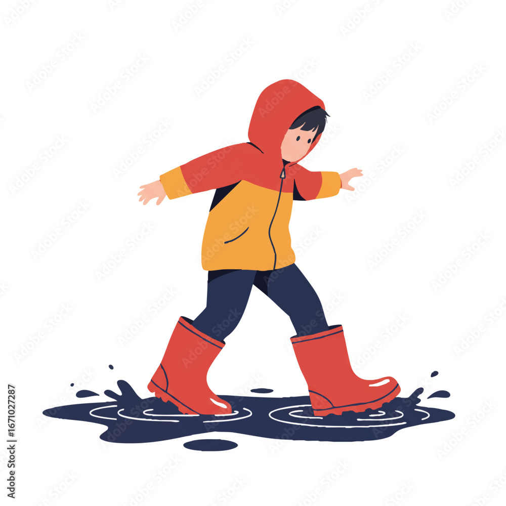 Fototapeta premium A joyful child in oversized yellow rain boots playfully struggles through a deep blue puddle, a minimalist 2D flat vector illustration, isolated on white.