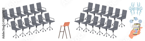 Orange chair stands out among rows of identical gray chairs, emphasizing individuality. Hand with phone and network icons suggest innovation and decision-making. Ideal for uniqueness, innovation