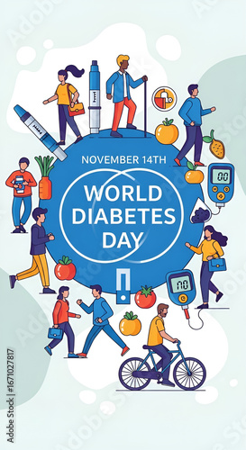 World Diabetes Day Awareness and Prevention Illustration with Diverse People and Healthy Habits