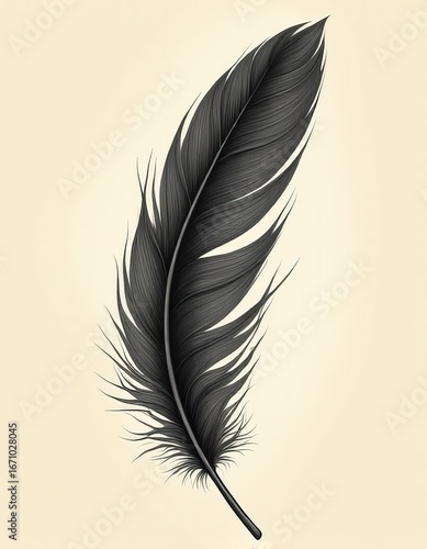 Organic Beauty of a Single Feather An Elegant Artwork in Dark Grey and Black on a Creamy Background