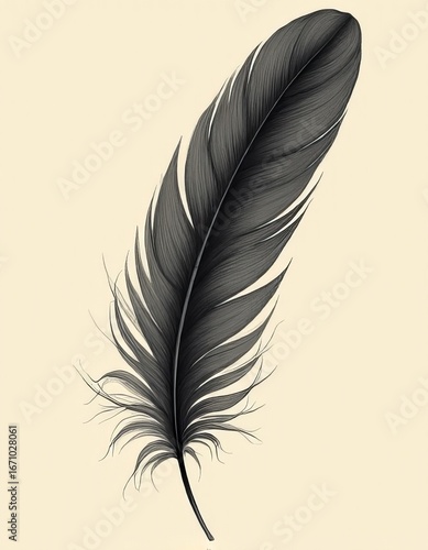Organic Beauty of a Single Feather An Elegant Artwork in Dark Grey and Black on a Creamy Background