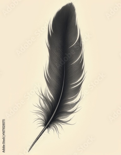 Organic Beauty of a Single Feather An Elegant Artwork in Dark Grey and Black on a Creamy Background