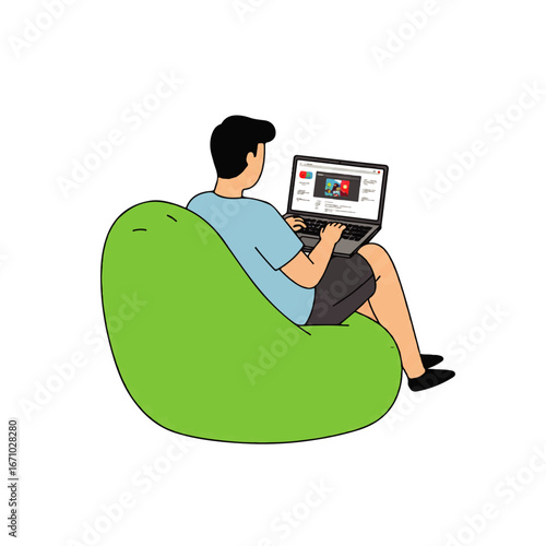 Illustration of a man sitting in a green beanbag chair using a laptop, viewed from behind.