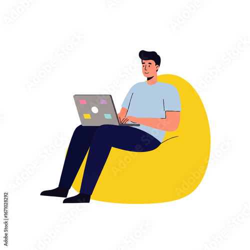 Man working on a laptop while sitting comfortably in a yellow beanbag chair, isolated on a white background.