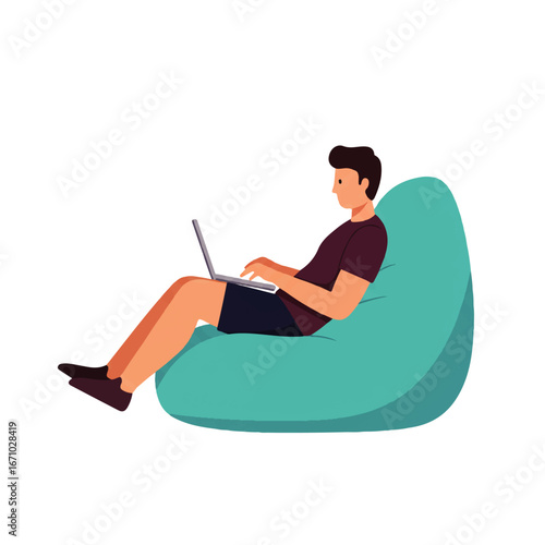Man sitting comfortably in a beanbag chair while working on his laptop.