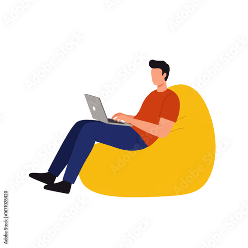 Man sits comfortably in a yellow beanbag chair while working on a laptop computer.