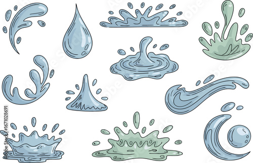 s various dynamic water splashes, drops, and ripples. The different shapes and movements capture the energetic and fluid nature of water. 