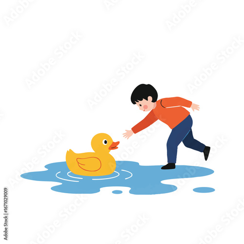 A curious child's hand playfully reaches for a vibrant yellow rubber duck floating in a shallow puddle, depicted in a minimalist 2D flat vector illustration.