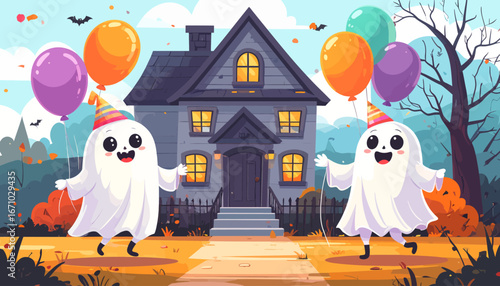 A cheerful Halloween celebration with two friendly ghosts holding balloons at a festive haunted house party