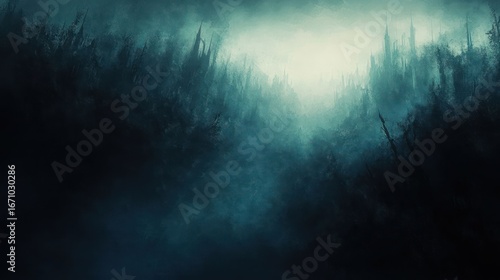 A mysterious, foggy landscape with dark silhouettes of trees under a dim light.