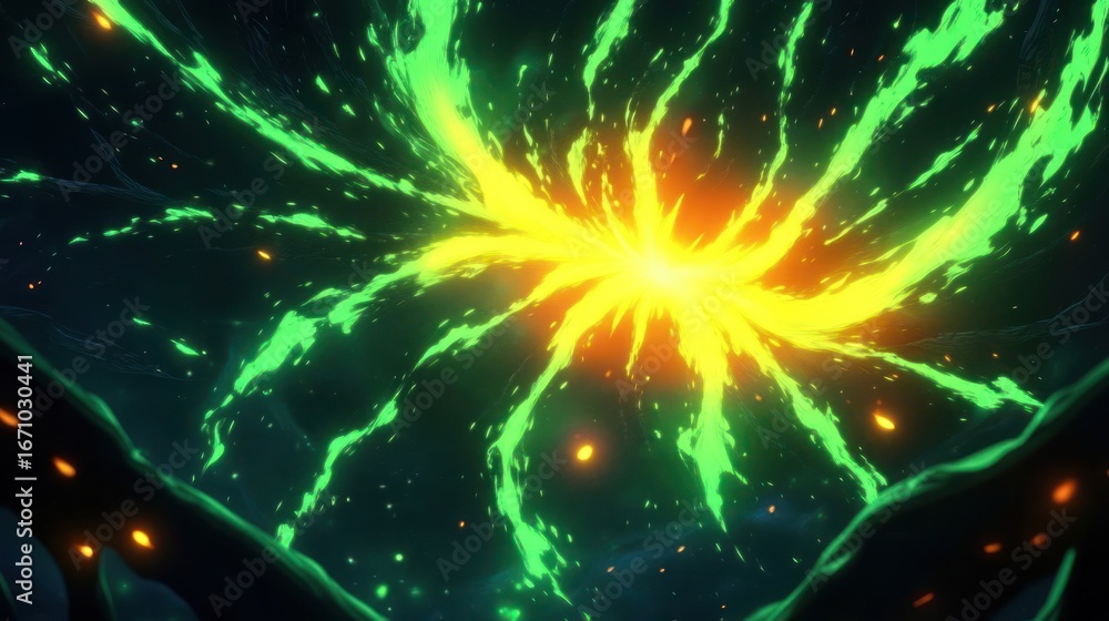 Naklejka premium A swirling vortex of vibrant green and orange light against a dark background.