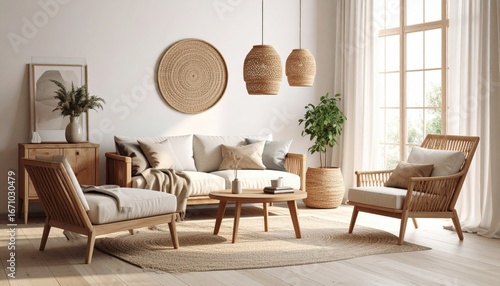 Sundrenched Japandi living room with woven textures and minimalist wooden furniture.