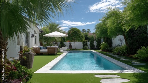 Wallpaper Mural Lush backyard with pool, seating under umbrella, framed by palms and bright green grass Torontodigital.ca