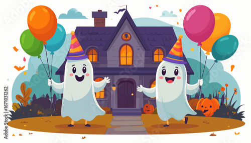 Cute cartoon ghosts celebrating Halloween outside a spooky house with balloons and pumpkins