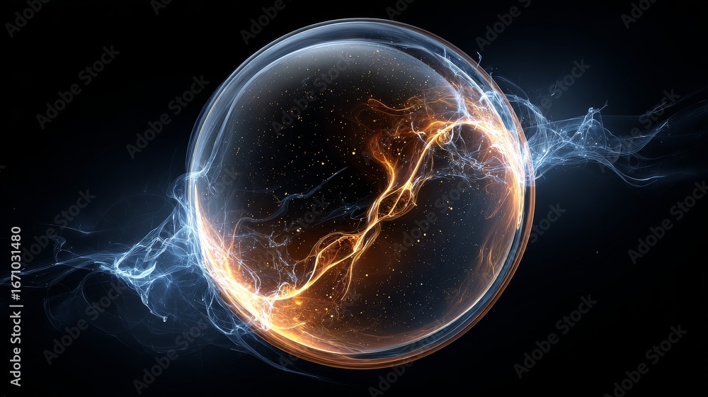 Obraz premium A glowing spherical object with electric arcs and energy patterns inside