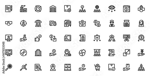 Outsourcing vector icon set. Business process icons ollection. Features contrat, factory, efficiency, waehouse, production, global supervision, and more.