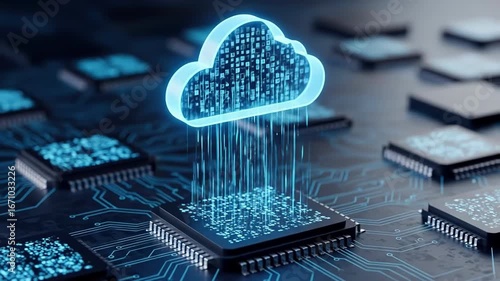 A glowing cloud hovers above a circuit board Digital streams connect the cloud to processors symbolizing data transfer modern technology