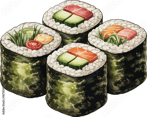   four perfectly formed sushi rolls, artfully arranged and showcasing their various fillings. 