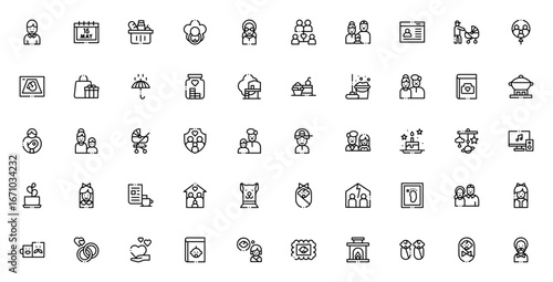 International Day of Families icon set. Vector illusration. Includes symbols fr family, parents, childre, love, home, wedding, birhday, baby and more. Editale vector stroke.