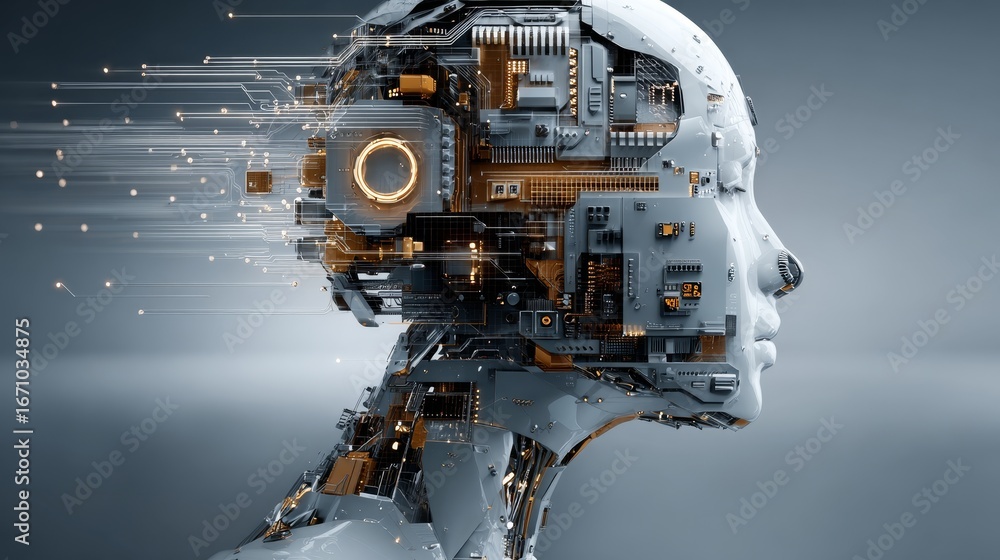 Fototapeta premium Futuristic robotic human head with intricate electronic components