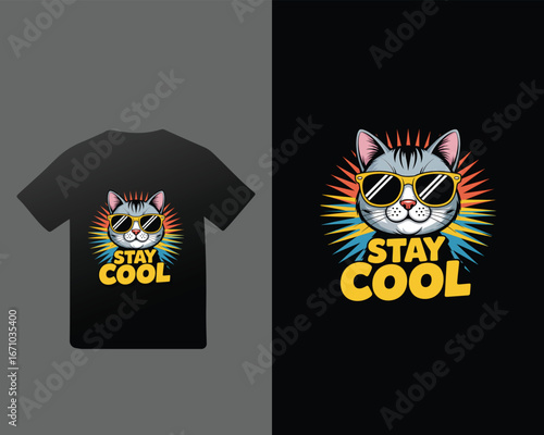 Cool cat wearing sunglasses with sunburst and text for t-shirt graphic animal feline
