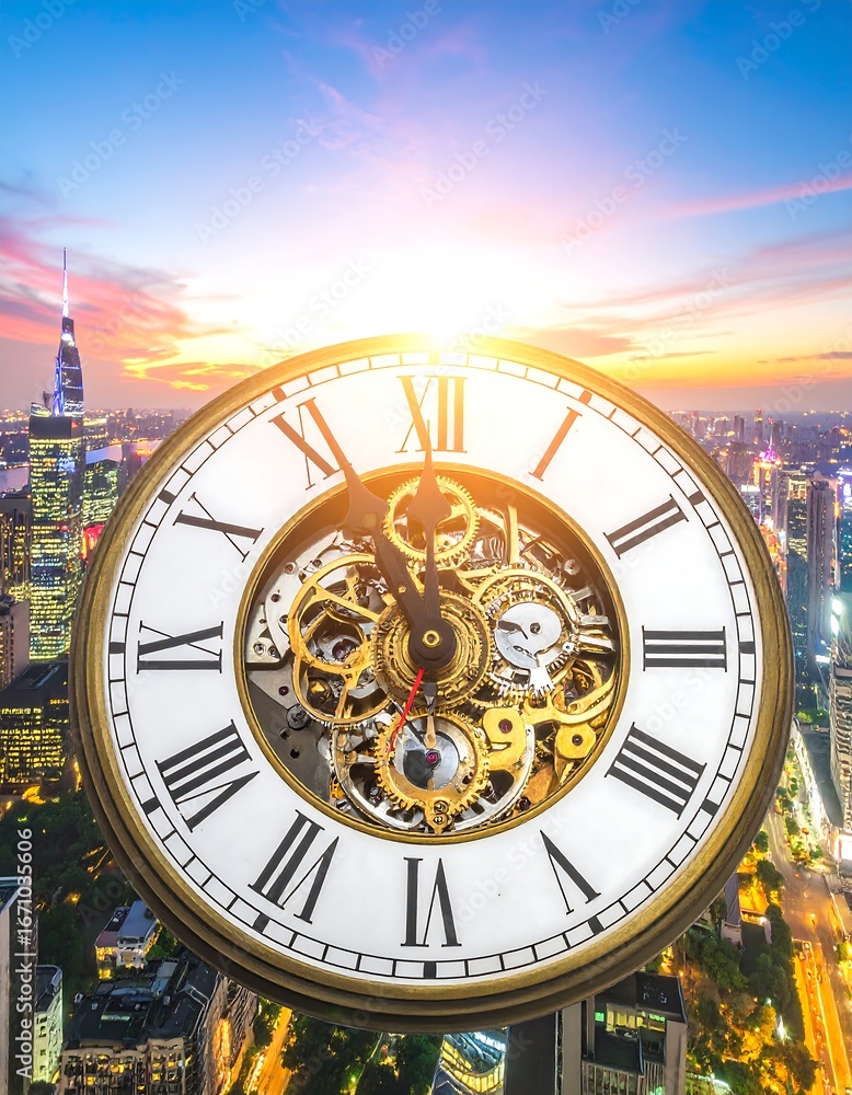 Obraz premium Clock Face Over Cityscape at Sunset