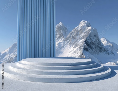 Snowy mountain backdrop with a light blue curtain and tiered platform.