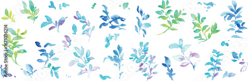 水彩画。水彩タッチの新緑のベクターイラスト。夏のグラデーションカラーの背景。Watercolor. Vector illustration of fresh greenery with a watercolor touch. Summer gradient color background.