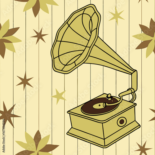 Retro mid-century modern pattern featuring abstract shapes in mustard yellow and avocado green against a wood paneling background, accented with record players and atomic starbursts.