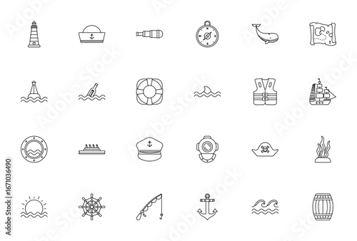 Nautical Sailor icon set. Vector illustration. Inclues symbols for lighthouse,sailor cap, spyglass, compss, whale, treasure map, boy, and more.