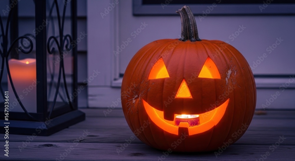 Fototapeta premium Jack-o'-lantern, lit, sits outside with a candle, lantern on left