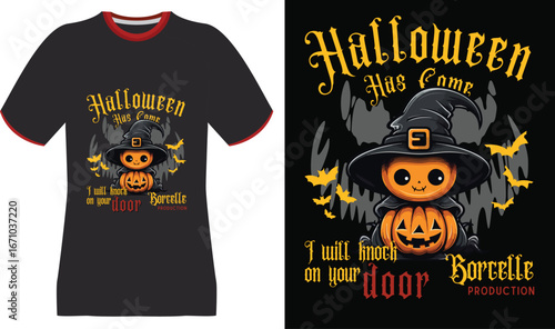 Halloween Pumpkin Witch T-Shirt Design with Spooky Bats and Gothic Font