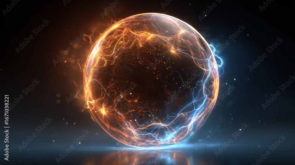 Fototapeta premium A glowing spherical object with electric currents and sparks