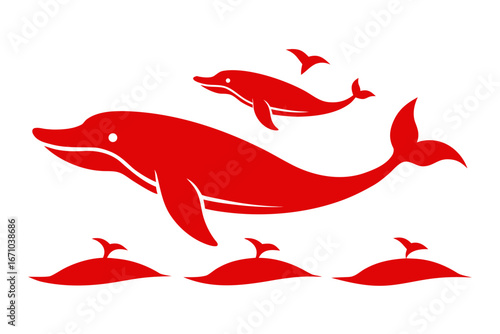 set of colorful Whale breaching ocean silhouette illustration