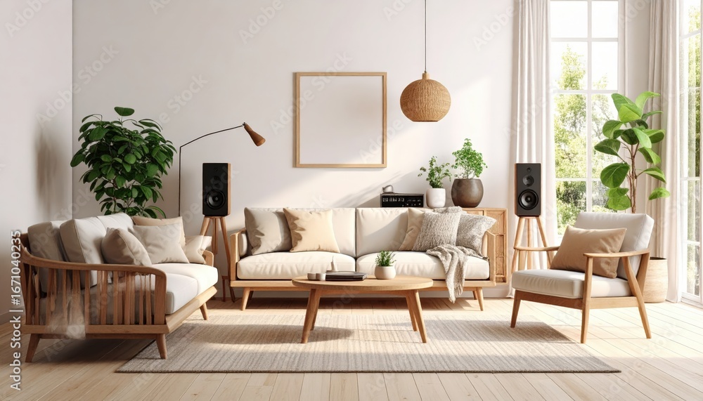 Fototapeta premium Sunlit Japandi Living Room with Light Wood Furniture and Blank Frame Mockup.