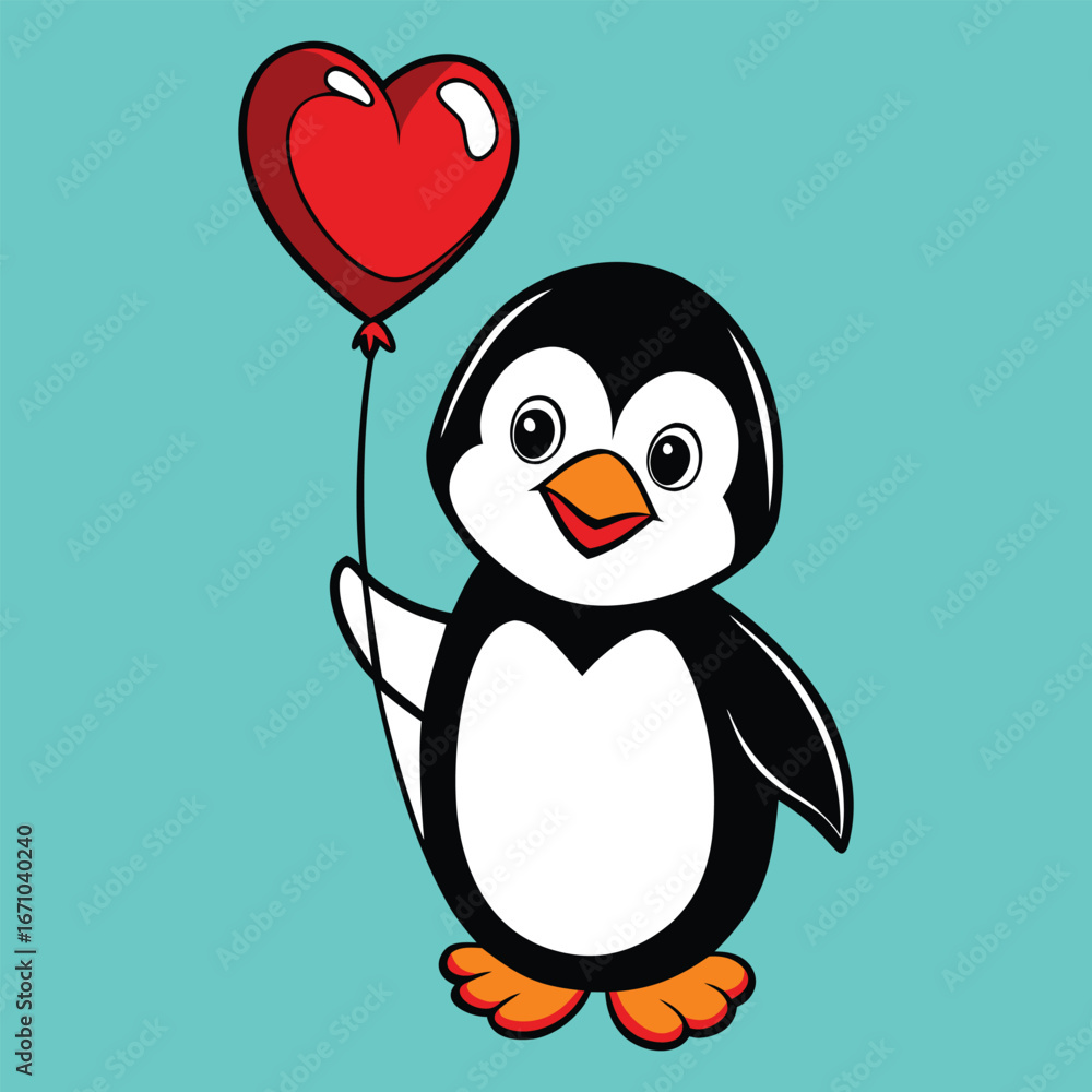 Fototapeta premium cute cartoon penguin holding red heart shaped balloon