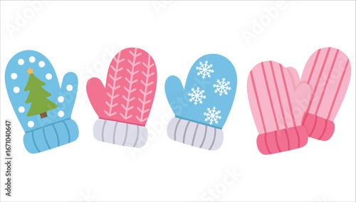 hand drawn knitted mittens set for winter weather vector art isolated on white background