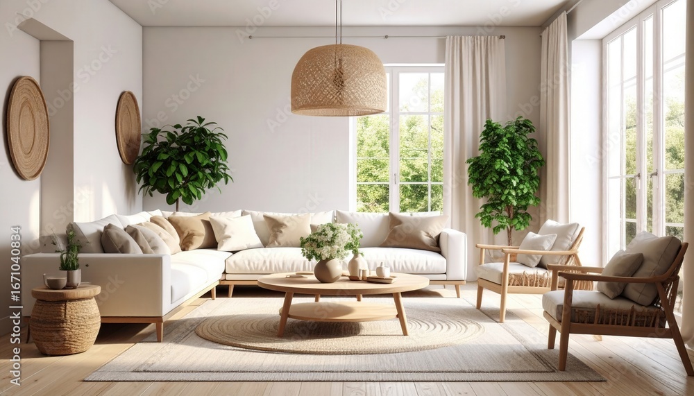 Fototapeta premium Sunlit Japandi Living Room with Natural Wood and Woven Rattan Accents.