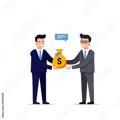 Two businessmen exchanging a bag of money with a dollar sign, representing a financial transaction or deal.