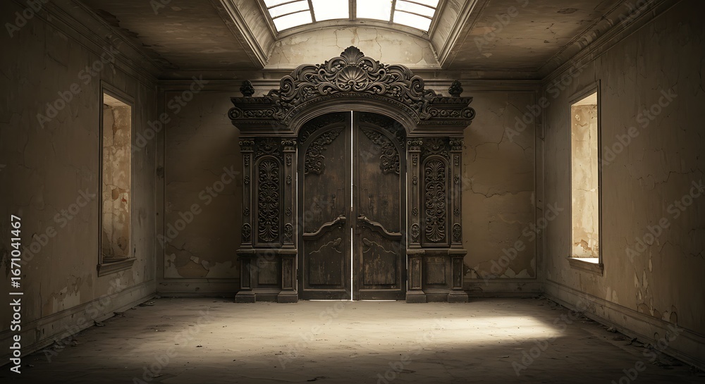 Fototapeta premium Empty square room with Old decorated gate way