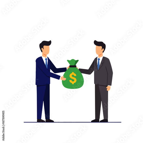 Two businessmen exchanging a green money bag with a dollar sign, representing a financial transaction or investment.