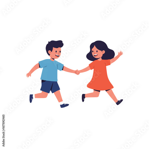 A joyful boy and girl, rendered as a 2D flat vector illustration, happily skipping and holding hands, isolated on a clean white background, embodying childhood friendship and happiness.