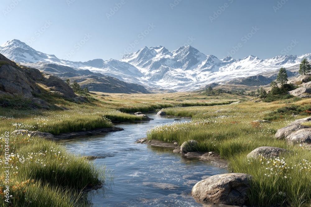 Fototapeta premium Serene Mountain Stream Flowing Through Lush Green Meadows