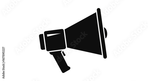 A black silhouette of a megaphone, representing communication, announcement, and public speaking.