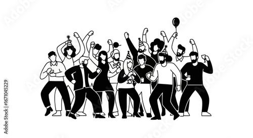 A lively group of diverse people celebrating and dancing joyfully at a party, with some wearing festive hats and holding balloons.
