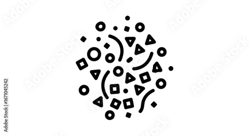 An abstract arrangement of geometric shapes including circles, squares, triangles, and curved lines, clustered together in a visually dynamic composition.