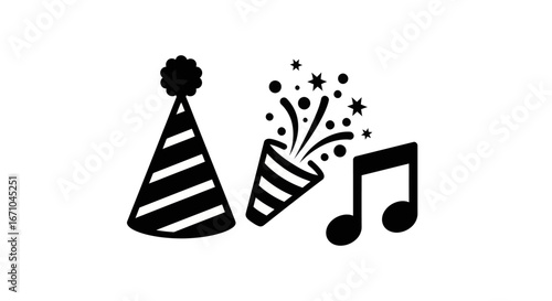 Black and white illustration of a party hat, exploding confetti popper, and musical note, suggesting celebration.